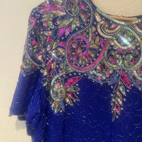 Laurence Kazar Royal Blue Silk Beaded Gown - Picture 7 of 11